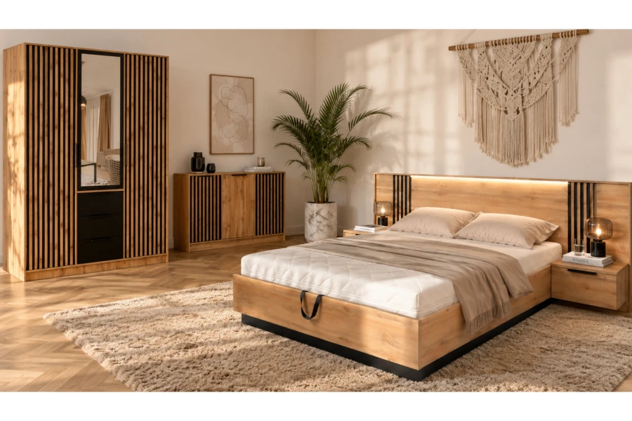Stilvolles Schlafzimmer mit Lamellen-Optik Möbeln und gemütlicher Dekoration.