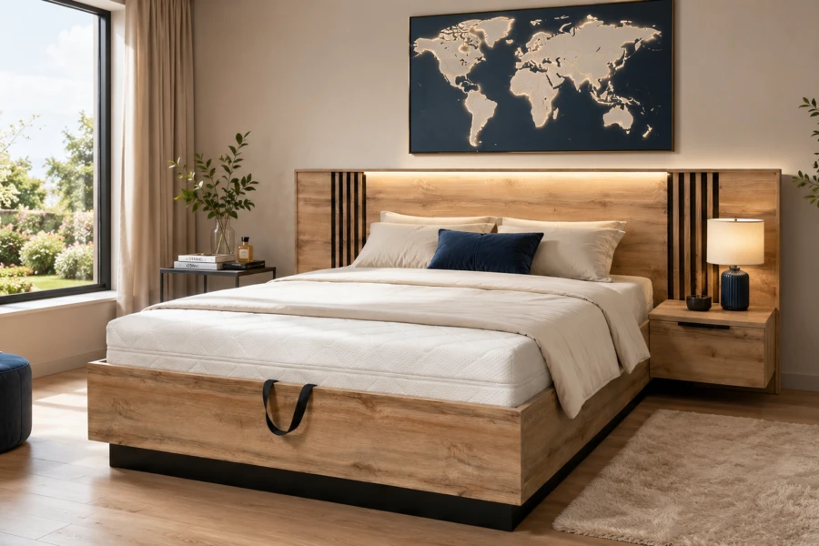Modernes Holzbett mit beleuchtetem Kopfteil und Weltkarte an der Wand im Schlafzimmer.