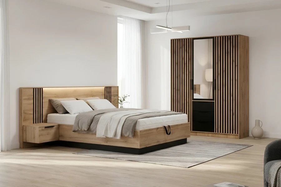 Komplettes Schlafzimmer-Set bestehend aus Holzbett und großem Kleiderschrank mit Lamellen-Design.