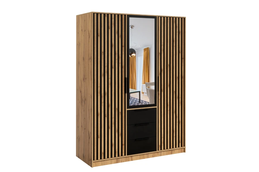 Moderner Kleiderschrank in Eiche mit Lamellen-Optik, Spiegel und drei schwarzen Schubladen.