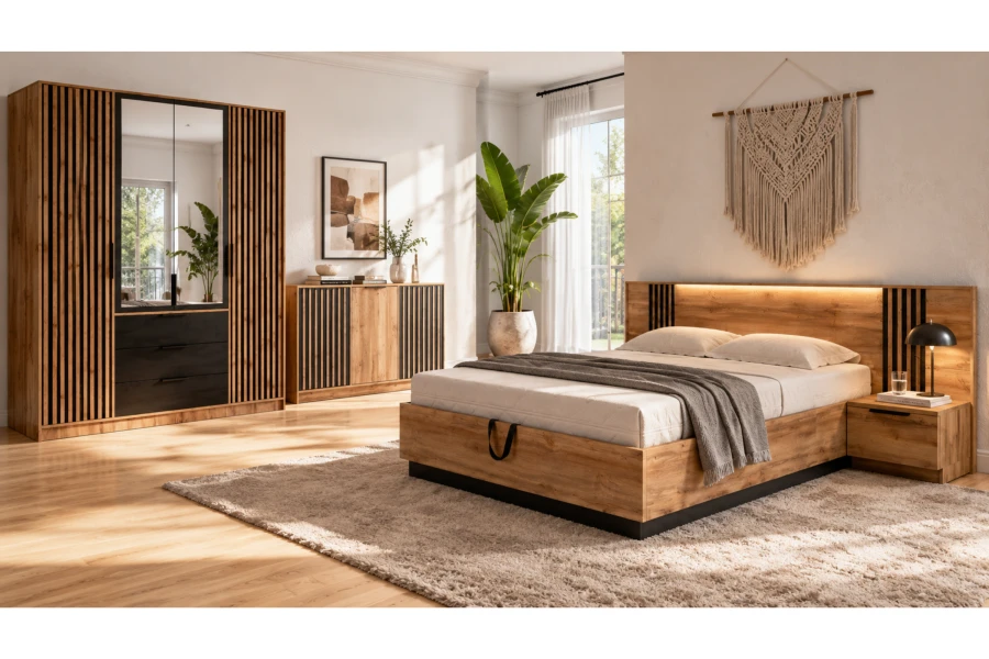 Modernes Schlafzimmer-Set mit Holzbett, Kleiderschrank und Kommode in warmer Eichenoptik.