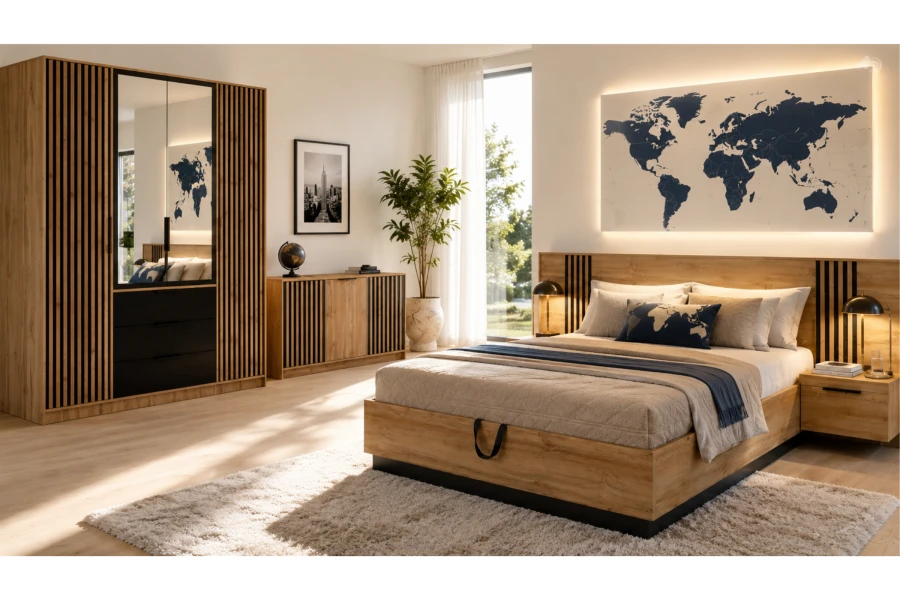 Stilvolles Schlafzimmer mit Lamellen-Kleiderschrank, Holzbett und dekorativem Weltkarten-Wandbild.