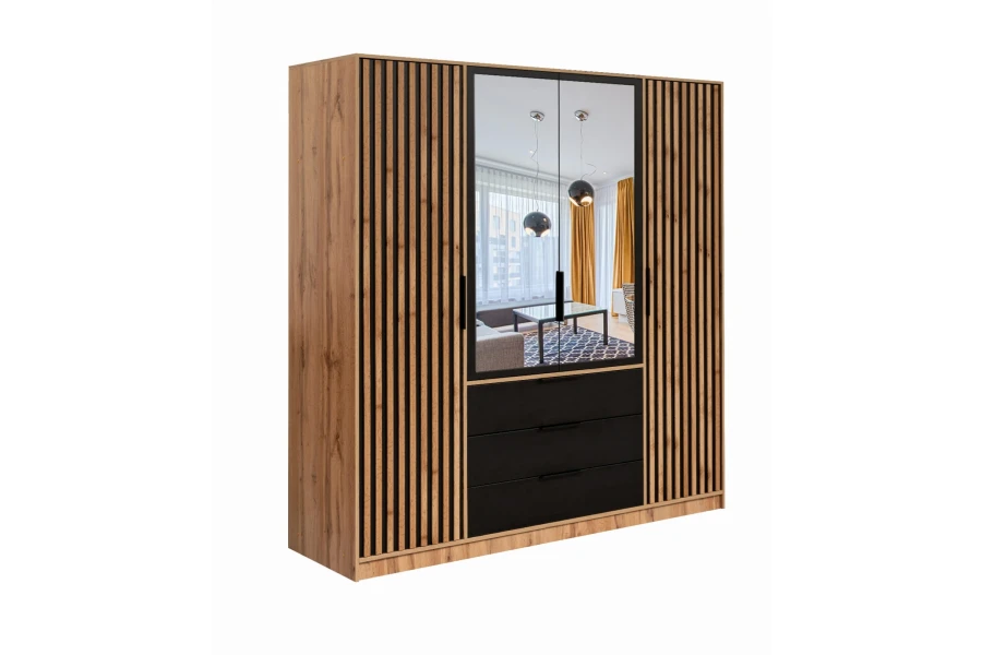 Moderner Kleiderschrank in Eiche mit Lamellen-Design, Spiegeltüren und drei schwarzen Schubladen.