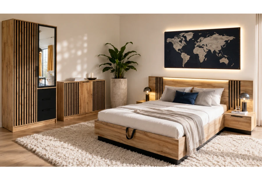 Schlafzimmereinrichtung mit Holzbett, Kleiderschrank und dekorativer Weltkarte mit Beleuchtung.