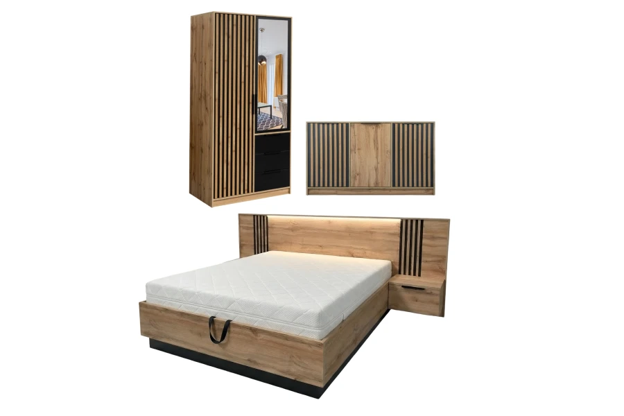 Möbelset in Holzoptik mit schwarzen Akzenten bestehend aus Bett, Schrank und Sideboard.