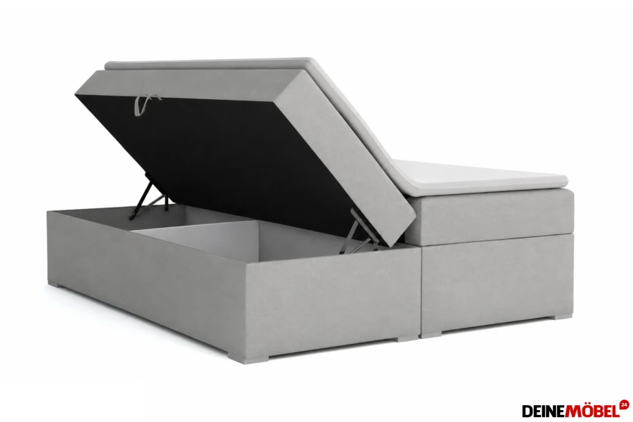 Bett mit Bettkasten-Funktion in Grau für Schlafzimmer-Ordnung.