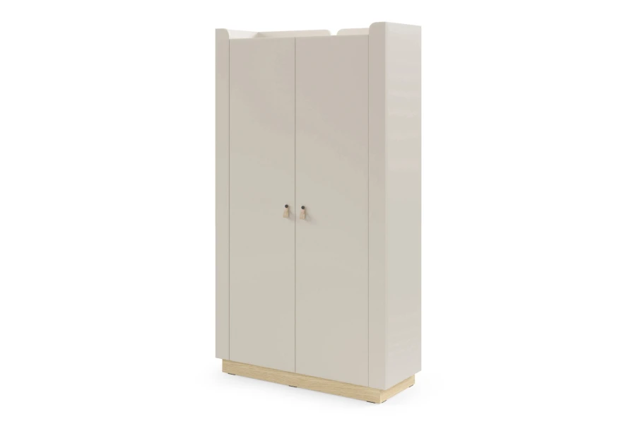Moderner Kleiderschrank in Beige, zweitürig geschlossen, ideal für das Kinderzimmer.