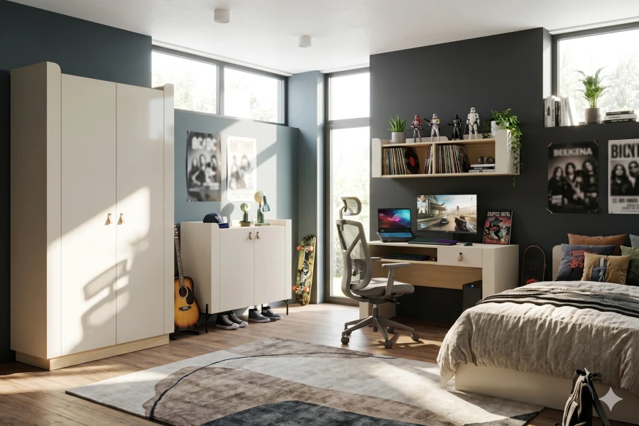 Gaming-Zimmer für Jugendliche mit beigen Möbeln, PC-Schreibtisch und dunkler Wandgestaltung.