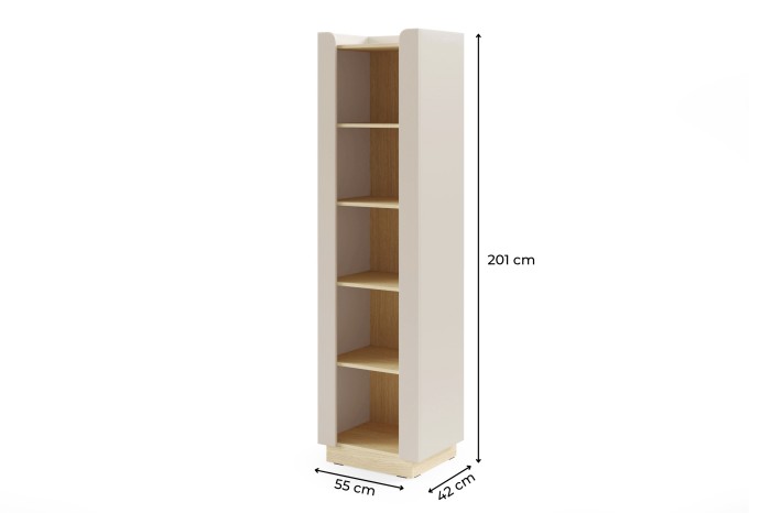 Maße des hohen Regals: 201 cm Höhe, 55 cm Breite, 42 cm Tiefe. Schmales Standregal in Beige und Holz.