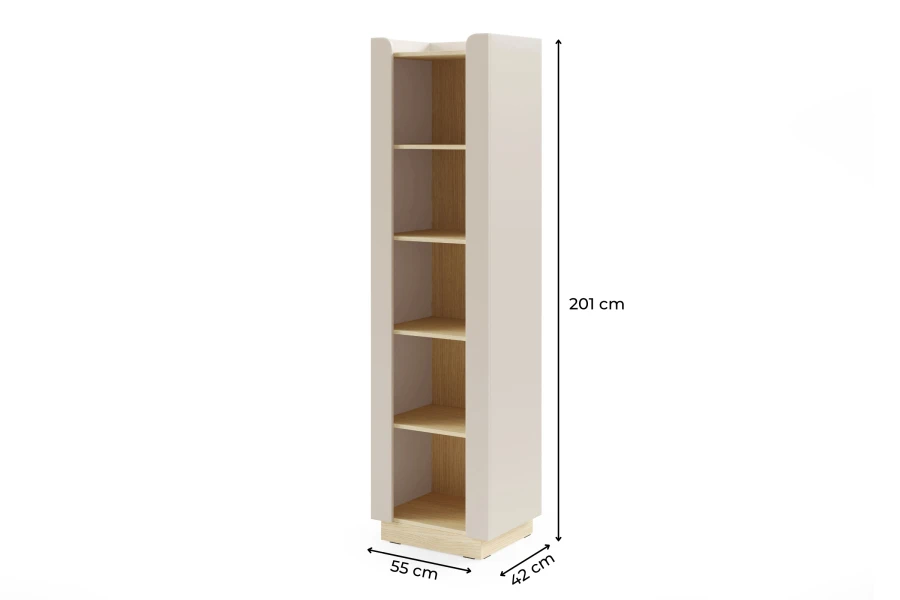 Maße des hohen Regals: 201 cm Höhe, 55 cm Breite, 42 cm Tiefe. Schmales Standregal in Beige und Holz.