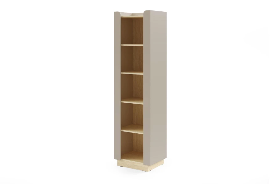 Modernes hohes Standregal in Beige und Eichenoptik mit fünf Fächern für das Jugendzimmer.
