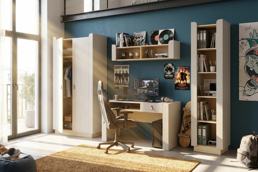 Einrichtungsidee für Gamer: Schreibtisch, hohes Bücherregal und Kleiderschrank in Weiß-Holz.