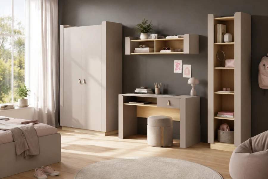 Stilvolles Kinderzimmer mit sandfarbenem Schreibtisch, passendem Hocker und Wandregal in hellem Design.