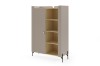 Beige-brauner Schrank mit Regalteil und schwarzen Metallfüßen, modernes Design.