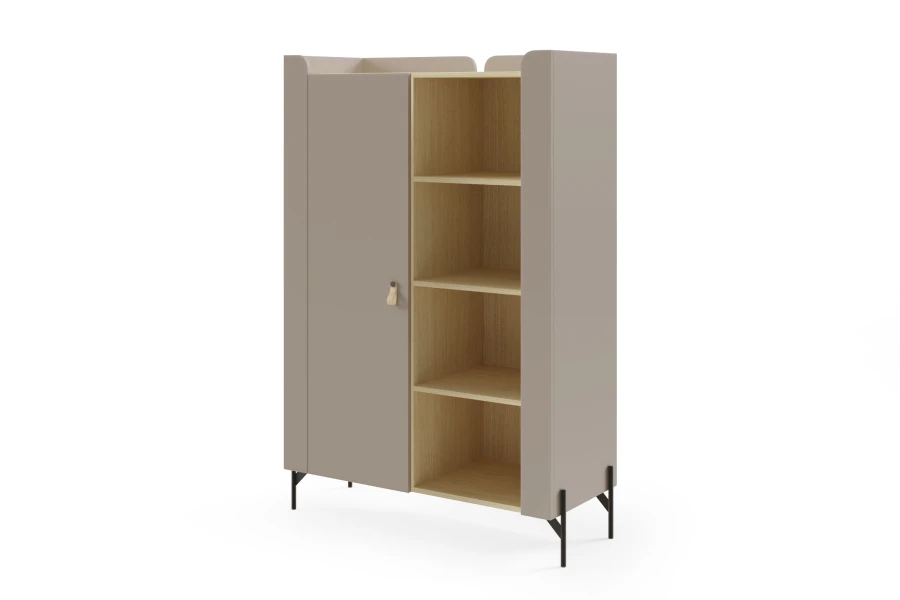Beige-brauner Schrank mit Regalteil und schwarzen Metallfüßen, modernes Design.