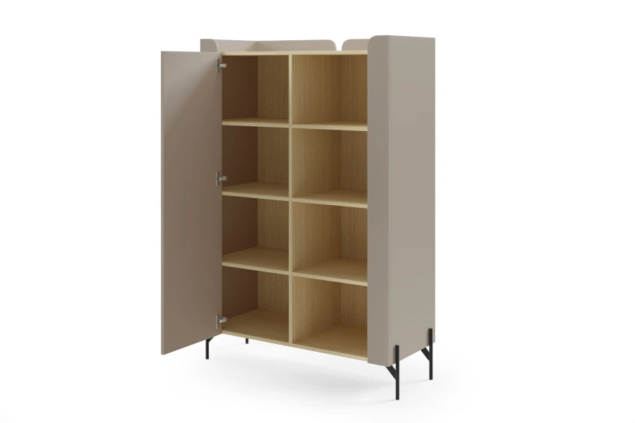 Offener Kombischrank in Beige und Eiche-Optik mit vier Regalfächern, Frontansicht.