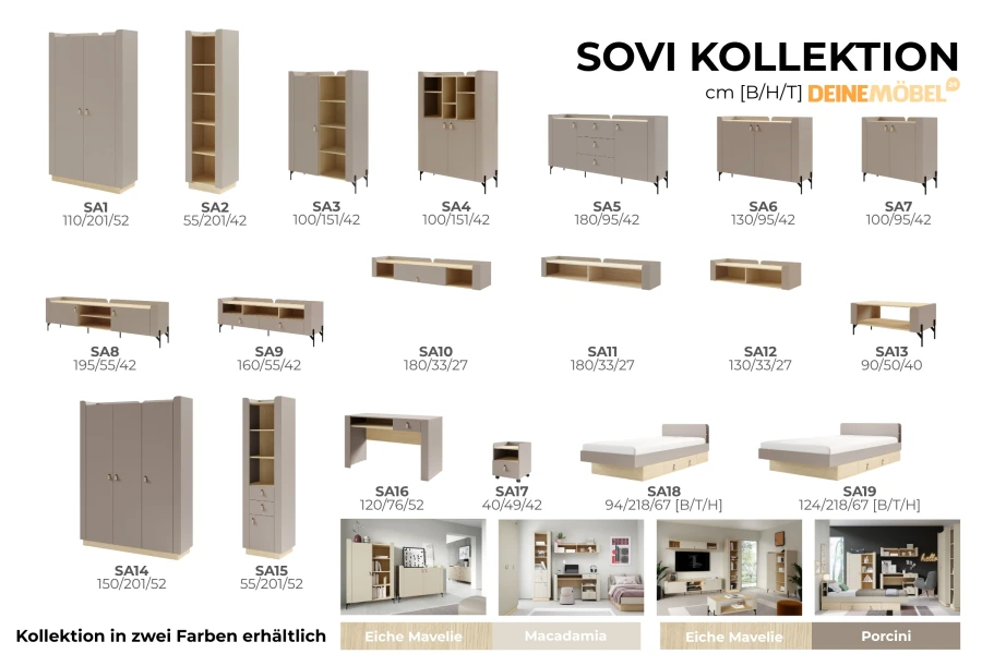 Übersicht der SOVI Möbelkollektion mit Schränken, Sideboards und Betten in verschiedenen Maßen.