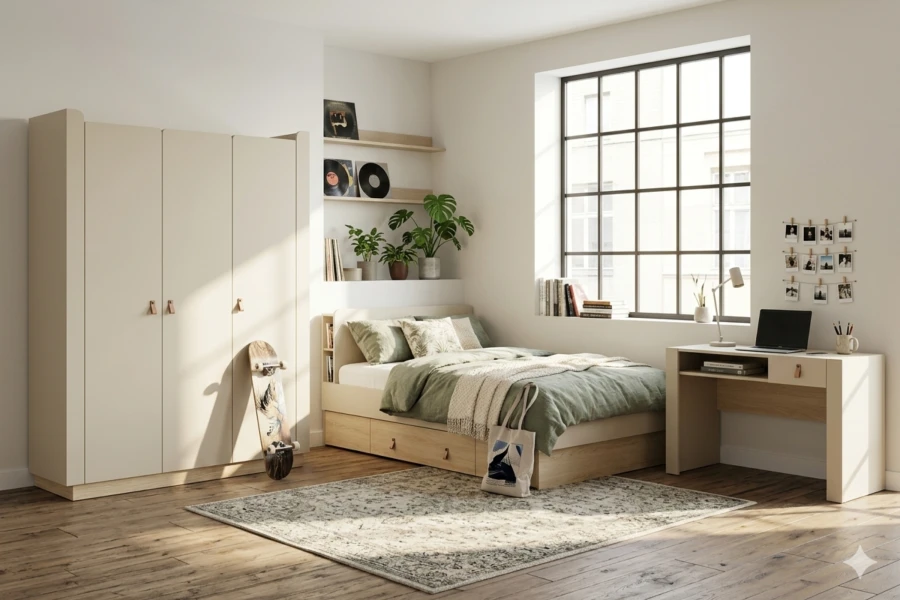 Helles Jugendzimmer mit großem Kleiderschrank, Bett mit Schubladen und Schreibtisch am Fenster.
