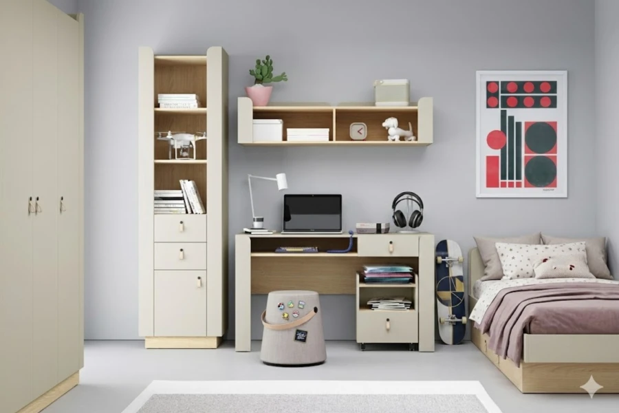 Kindermöbel-Set in Beige und Eiche mit Schreibtisch, Wandregal und hohem Standregal.