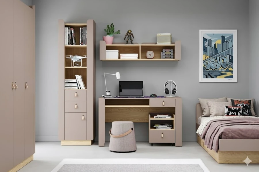 Modernes Jugendzimmer mit beige-taupefarbenen Möbeln, Schreibtisch, Wandregal und Bett.