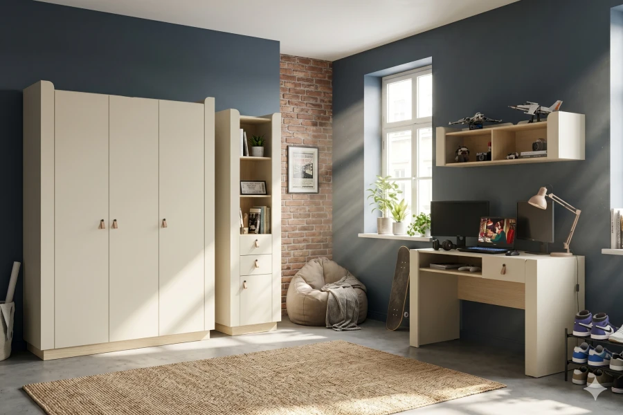 Helles Jugendzimmer-Möbelset mit Kleiderschrank, Schreibtisch und Regal vor blauer Wand.