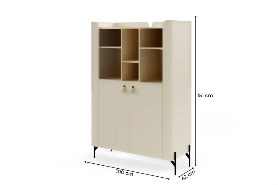 Maßangaben des Schranks: 151 cm Höhe, 100 cm Breite und 42 cm Tiefe.