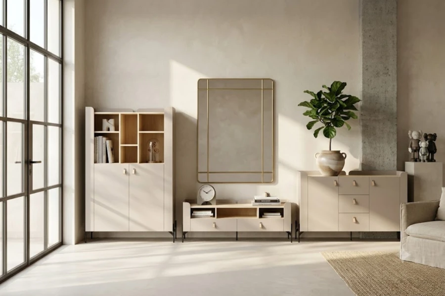 Minimalistisches Wohnzimmer mit beige Sideboards, TV-Lowboard und großem Wandspiegel.