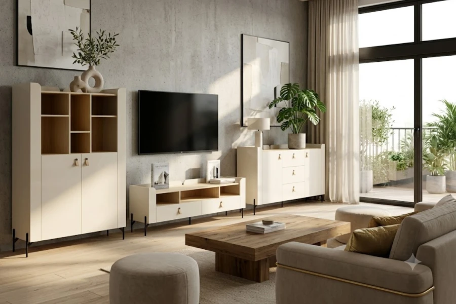 Helles Wohnzimmer mit beige Möbelset, TV-Wand und Holztisch im skandinavischen Design.