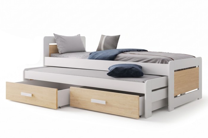 Weißes Funktionsbett mit Eichen-Dekor, Ausziehfunktion und zwei Bettkästen.