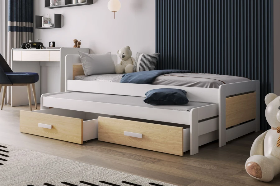 Weißes Kinder-Ausziehbett in einem modern gestalteten Kinderzimmer mit blauem Wandpaneel.