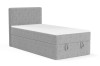 Graues Einzelbett aus Cord-Stoff mit integriertem Stauraum und weißer Matratze.