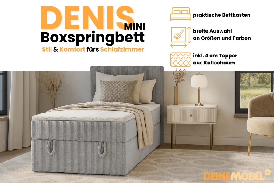 Hellgraues Boxspringbett Denis Mini mit Bettkasten und Topper im modern eingerichteten Schlafzimmer.