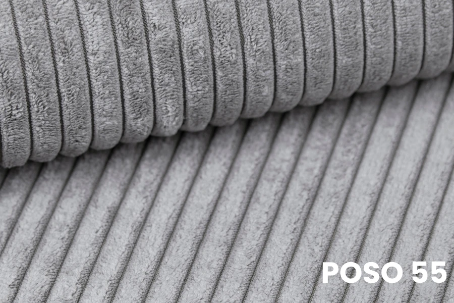 Nahaufnahme der Textur des grauen Cord-Stoffs Poso 55 für hochwertige Polstermöbel.