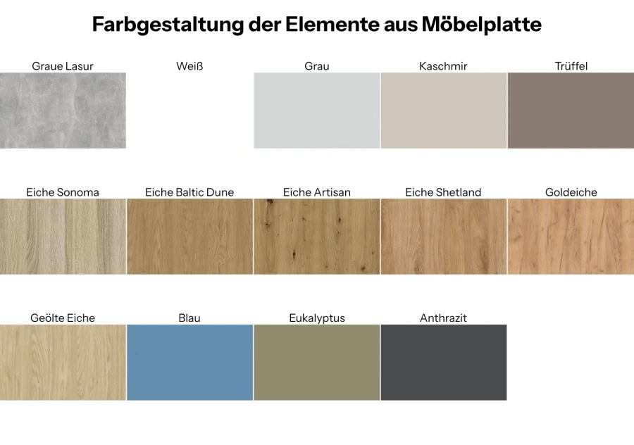 Vielfältige Farbauswahl und Holzdekore für Möbelplatten wie Eiche, Anthrazit und Blau.