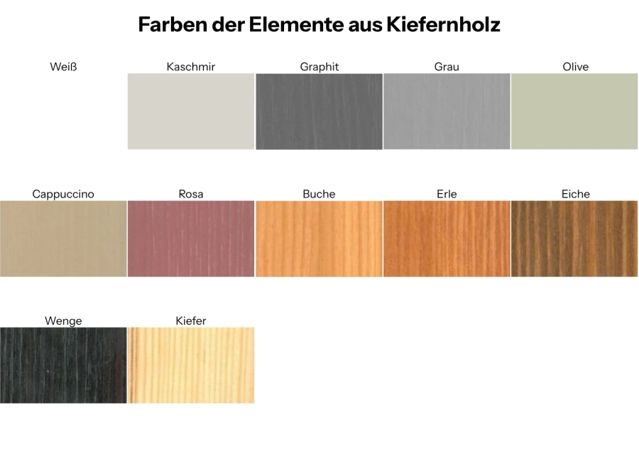 Farbauswahl für Möbel aus Kiefernholz: Von Weiß und Grau bis Eiche und Wenge.