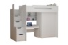 Modernes Hochbett in Weiß und Grau mit Schreibtisch, Kleiderschrank und Stauraumtreppe.