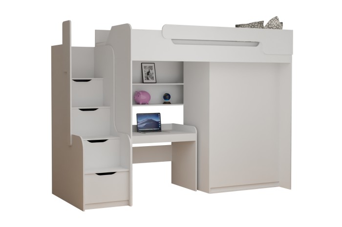 Modernes Hochbett in Weiß und Grau mit Schreibtisch, Kleiderschrank und Stauraumtreppe.