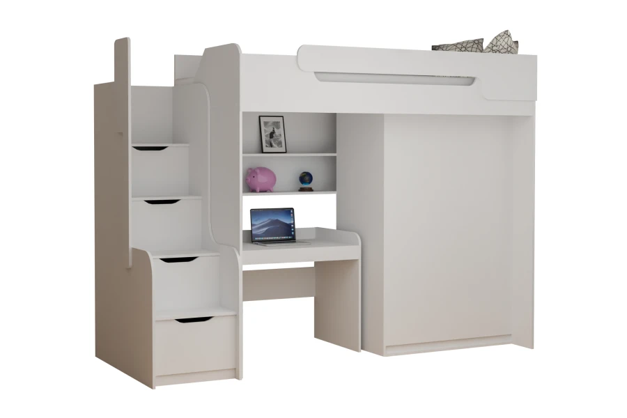 Modernes Hochbett in Weiß und Grau mit Schreibtisch, Kleiderschrank und Stauraumtreppe.