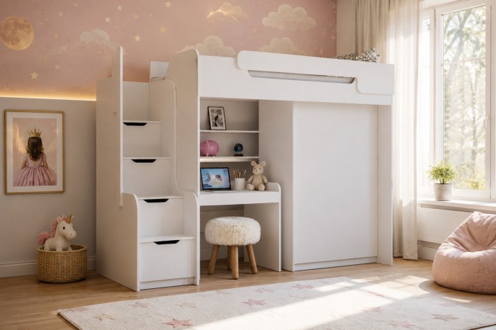 Ein weißes Hochbett im liebevoll dekorierten Kinderzimmer mit Schreibtisch und Sitzhocker.