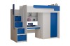 Kinderhochbett in Weiß und Blau mit Schreibtisch, Kleiderschrank und praktischer Treppe.