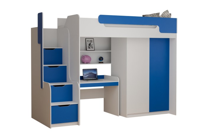 Kinderhochbett in Weiß und Blau mit Schreibtisch, Kleiderschrank und praktischer Treppe.