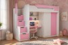 Rosa-weißes Kinderhochbett mit integriertem Arbeitsplatz, Stauraumtreppe und Kleiderschrank.