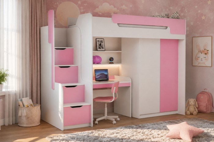 Rosa-weißes Kinderhochbett mit integriertem Arbeitsplatz, Stauraumtreppe und Kleiderschrank.