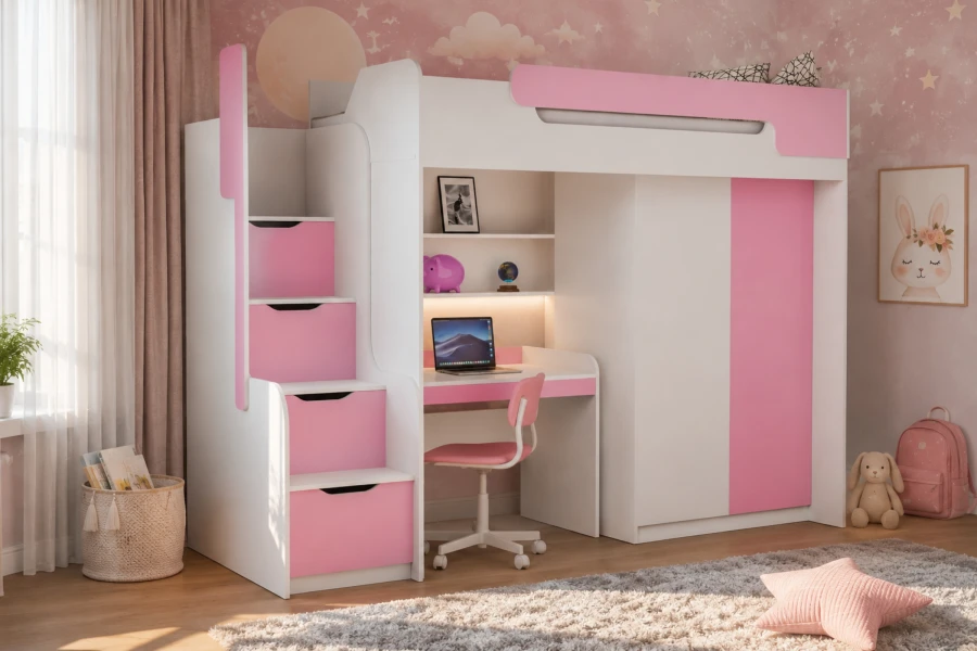 Rosa-weißes Kinderhochbett mit integriertem Arbeitsplatz, Stauraumtreppe und Kleiderschrank.