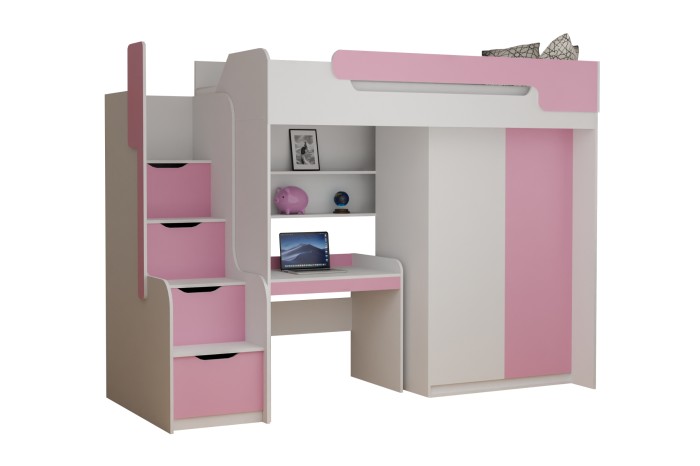 Modernes Hochbett für Kinder in Pink-Weiß inklusive Schreibtisch und Treppen-Schubladen.