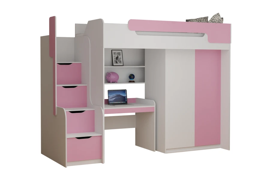 Modernes Hochbett für Kinder in Pink-Weiß inklusive Schreibtisch und Treppen-Schubladen.