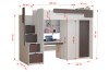 Detaillierte Abmessungen für ein platzsparendes Hochbett mit Schreibtisch und Schrank.