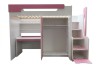 Hochbett für Kinder in Weiß und Rosa mit Schreibtisch, Kleiderschrank und Treppen-Stauraum.