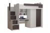 Modernes Hochbett in Weiß und Grau mit integriertem Schreibtisch, Kleiderschrank und Treppenschubladen.