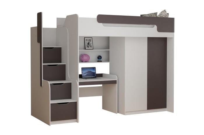 Modernes Hochbett in Weiß und Grau mit integriertem Schreibtisch, Kleiderschrank und Treppenschubladen.